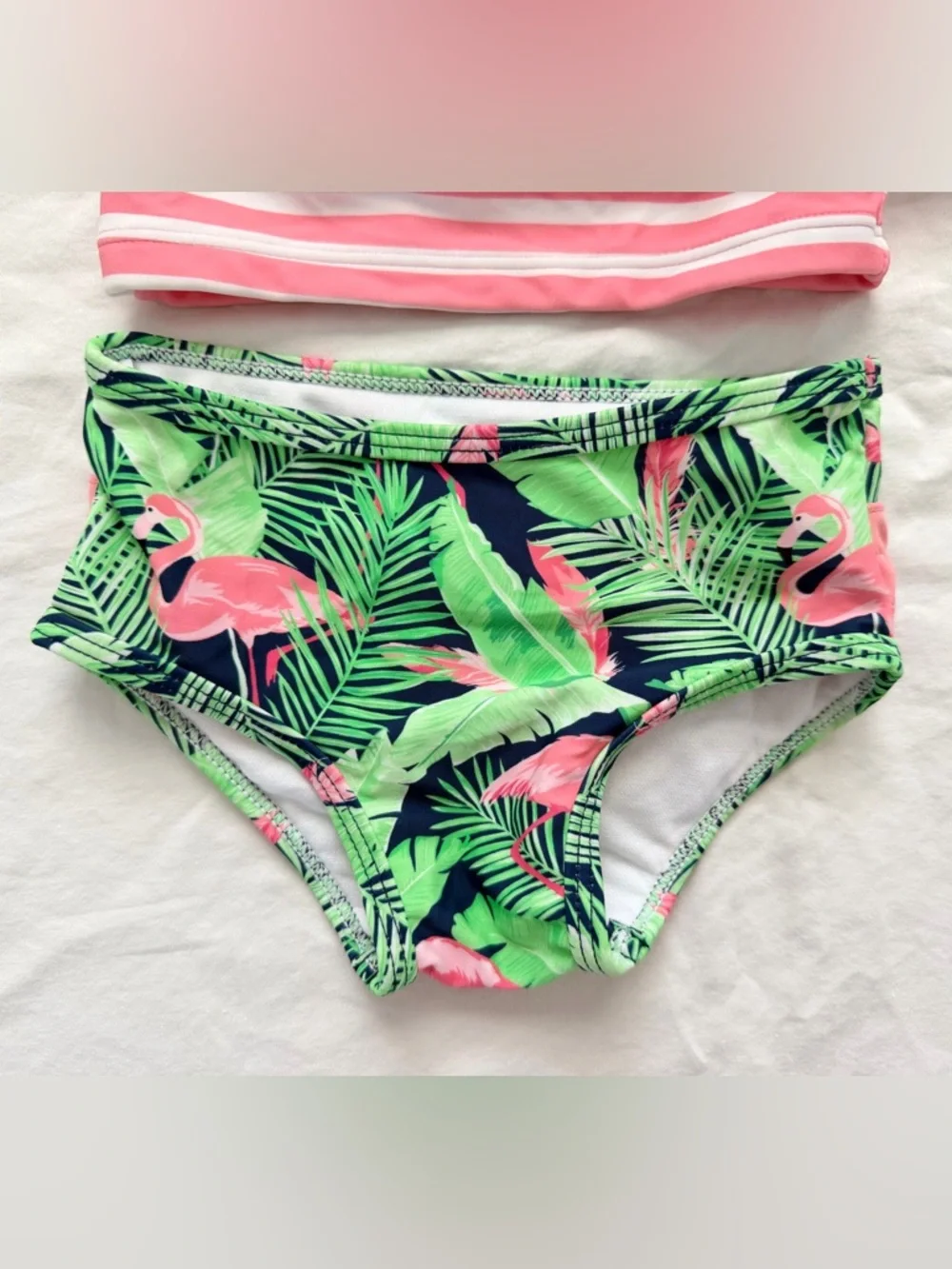 Ruffle Butts Pink Striped One-Shoulder Ruffle Bikini with Flamingo Print Bottoms